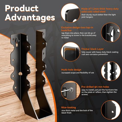 25 Pcs Black Joist Hangers 2X8, Rafter Brackets , Hurricane Straps for 2X8 Face