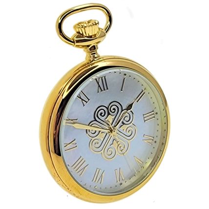 14K Gold Plated Men Big Heavy Brass Pocket Watch White MOP Dial + MOP Stone