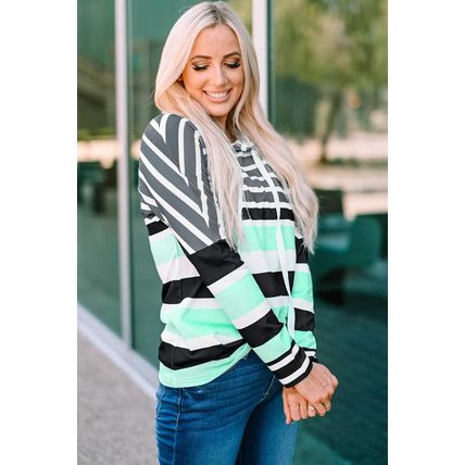 Green Striped Drawstring Long Sleeve Hoodie