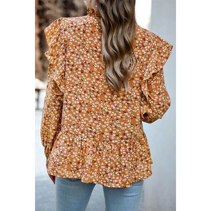 Orange Ruffle Collar Long Sleeve Peplum Top