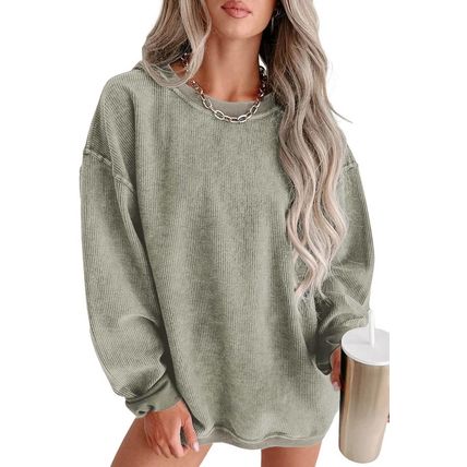 Green Solid Ribbed Knit Round Neck Pullover Sweatshirt