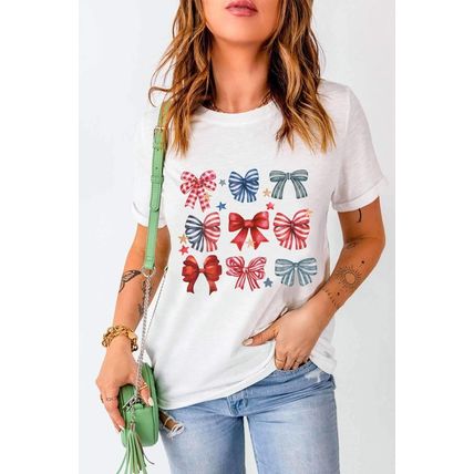 White Stripe and Star Bowknot Graphic Tee