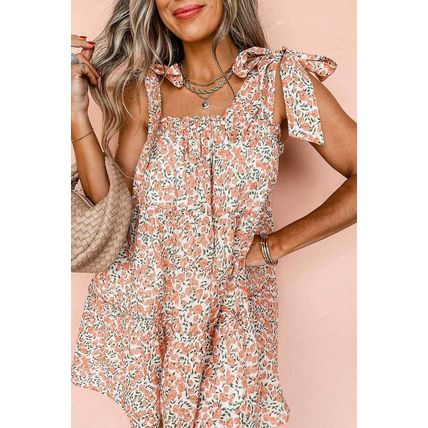Orange Rose Floral Knotted Straps Tiered Babydoll Dress