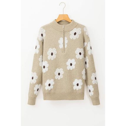 Khaki Floral Pattern Half Zip Drop Shoulder Sweater