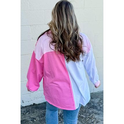 Bonbon Color Block Chest Pockets Half Button Plus Size Sweatshirt