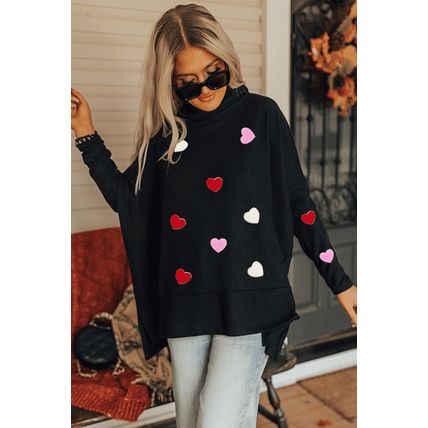 Black Valentines Chenille Heart Patched Dolman Sleeve High Neck Split Top