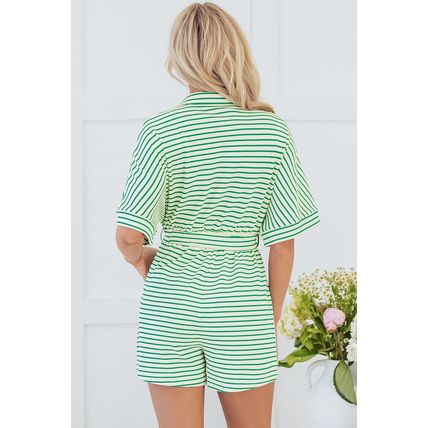 Green Stripe Textured Short Sleeve Collared Buttoned Waist Tie Romper