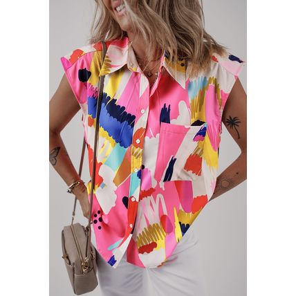 Multicolour Abstract Print Collared Cap Sleeve Casual Shirt