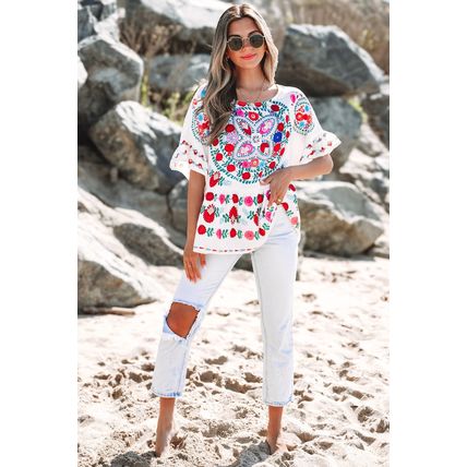 White Boho Floral Print Round Neck Ruffle Trim Blouse