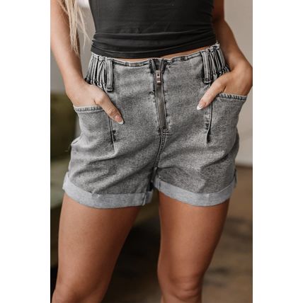 Gray Zipped Light Wash Cuffed Edge Denim Shorts