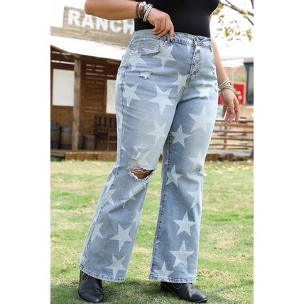 Sky Blue Star Printed Multi Buttons Slit Knee Destroyed Plus Size Jeans