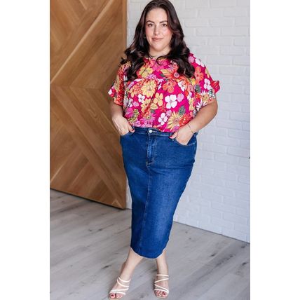 Rose Plus Size Floral Print Ruffle Short Sleeve Blouse