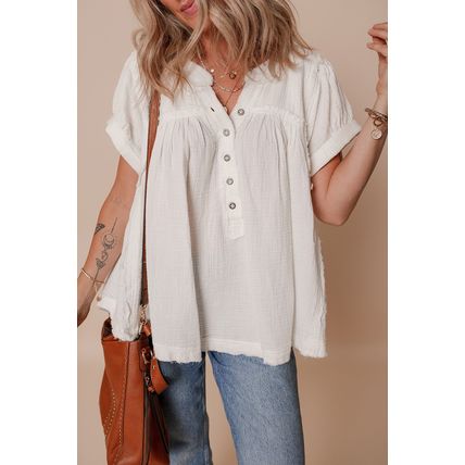 White Textured Short Sleeve Buttons Frayed Blouse