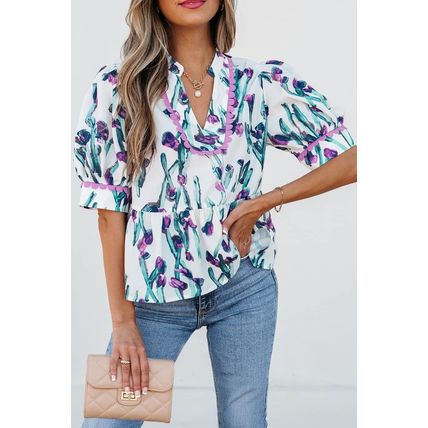Purple Floral Ricrac Trim Half Sleeve Peplum Top
