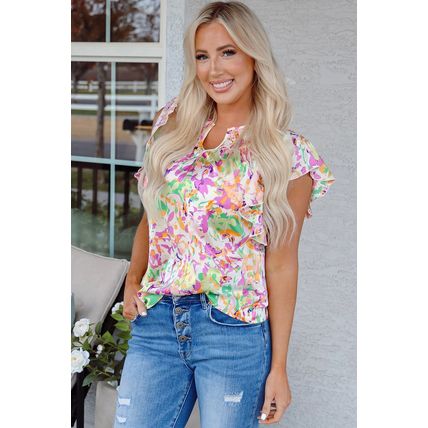 Purple Abstract Printed Ruffled Short Sleeve Notched Neck Blouse