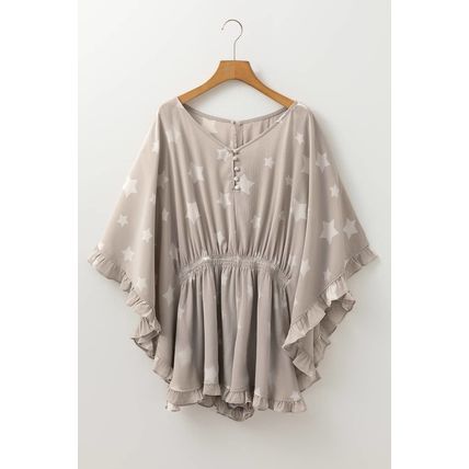 Gray Star Print Crinkle Textured Kimono Ruffle Sleeve Romper
