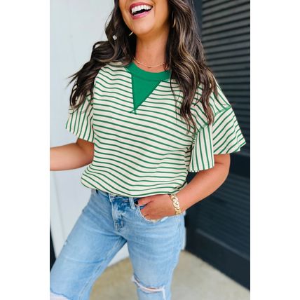 Bright Green Contrast Detail Striped Ruffle Short Sleeve Top