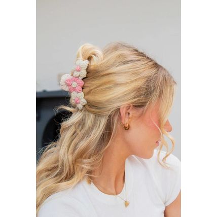 Pink Flower Crochet Cover Large Hair Claw Clip