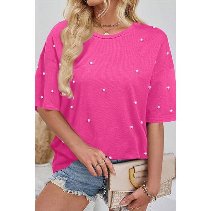 Bright Pink Pearl Beaded Drop Shoulder Crewneck T Shirt