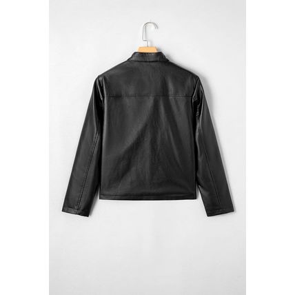 Black Faux Leather Buttoned Front Boxy Jacket