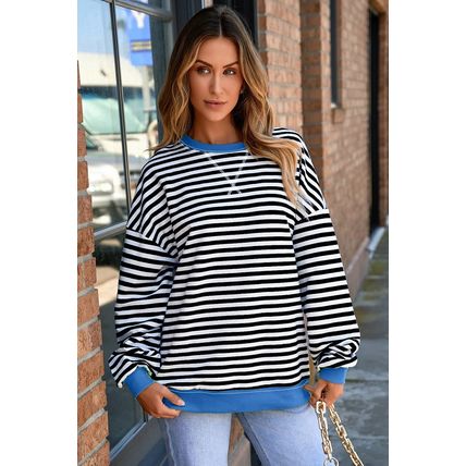 White Stripe Striped Contrast Ribbed Trim Crossed Stitch Drop Shoulder Sweatshir
