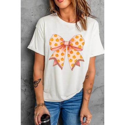 White Pumpkin Bow Print Thanksgiving T Shirt