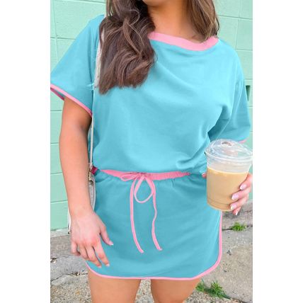 Turquoise Plus Size Contrast Trim T Shirt and Skirt Two Piece Set