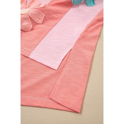 Pink Flower Patched Exposed Seam Bracelet Sleeve Oversized T Shirt