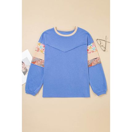 Blue Exposed Seam Floral Mixed Patchwork Relaxed Plus Size Top