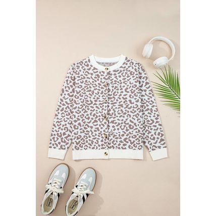 Khaki Leopard Drop Shoulder Chunky Knitted Cardigan Sweater