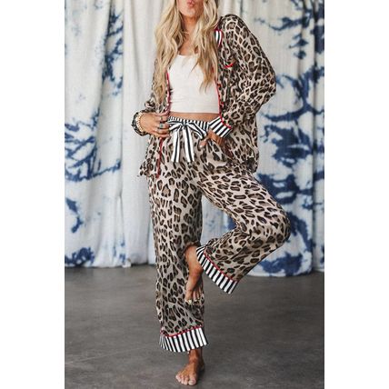 Khaki Leopard Print Colorblock Striped Edge Shirt and Pants Pajama Set