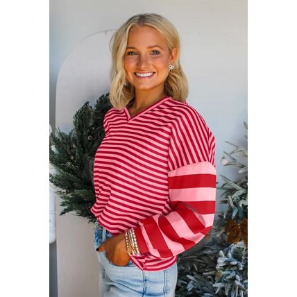 Strawberry Pink Mix Striped Drop Shoulder Patchwork Sleeve V Neck Pullover