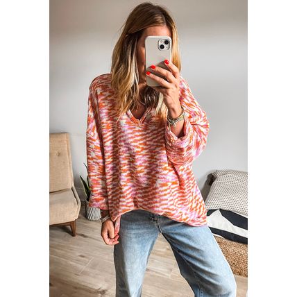 Orange Vibrant Abstract Print Drop Shoulder V Neck Tunic Oversized Sweater