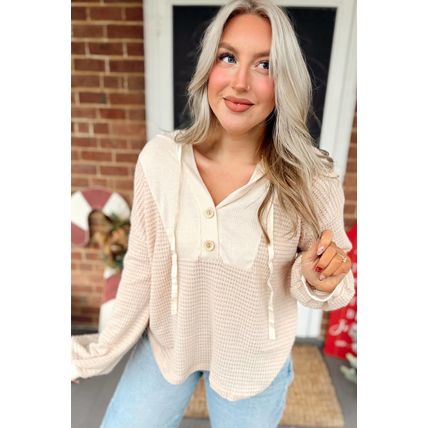 Oatmeal Waffle Patchwork Drop Shoulder Hooded Long Sleeve Top
