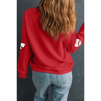 Red Sequin Baseball Bow Patched Pattern Game Day Pullover Sweatshirt