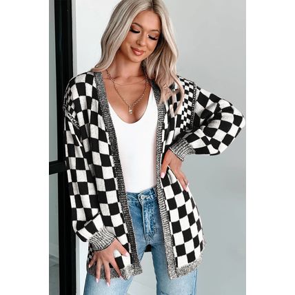 Black Checkered Open Front Drop Shoulder Cardigan