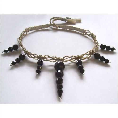 Necklace #003 waxed string & black glass beads 15.5 inch unisex fashion jewelry