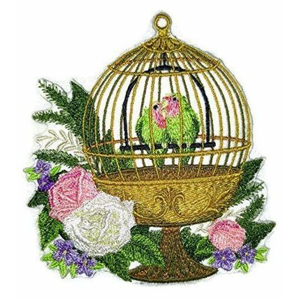 Birds Kingdom [Lovebirds with Cage ] Embroidered Iron on patch [5.28" X 4.85"]