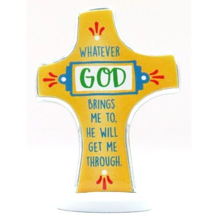 Whatever God Brings Me To....Cross Metal Freestanding Yellow 8 CM Christ Love