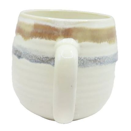 Mug Brown Cream & Grey Bands with Indented Lines 9 CM Glazed Hand Dipped Gift