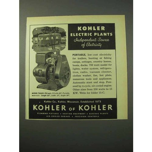 1951 Kohler of Kohler Model 750A21 Electric Plant Ad