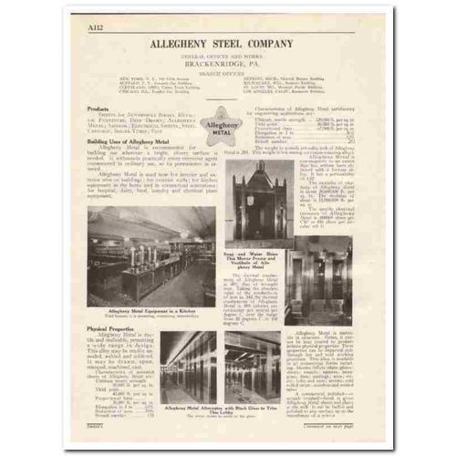 ALLEGHENY STEEL COMPANY 1931 stainless kitchen metal vintage catalog