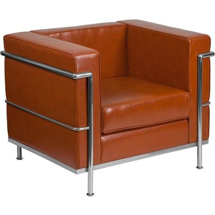 Stainless Exo-Frame French-Swiss Chair White Cognac Gray Leather-Soft Commercial