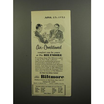 1953 The Biltmore Hotel Ad - Air-conditioned comfort can be yours