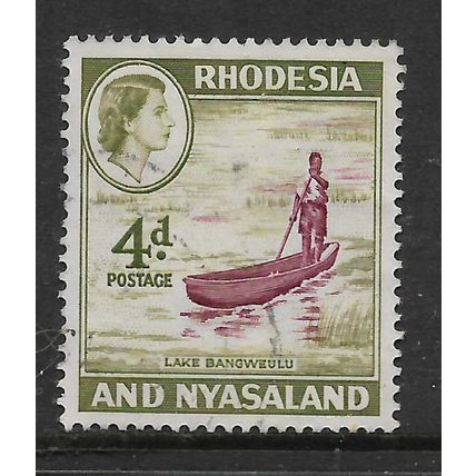 RHODESIA & NYASALAND 1959 4d LAKE BANGWEULU MAN IN CANOE SG 23 FINE USED#2