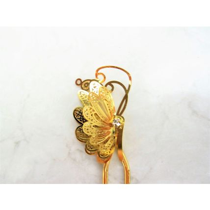 Antique style silver or gold filigree butterfly hair stick pick pin with crystal