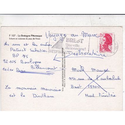 Folklore costume L'Aven France Postcard posted 1988 creased