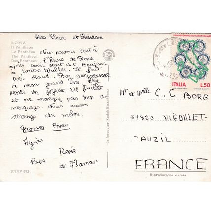 Roma Il Pantheon Italy Postcard posted 1974 marks on face