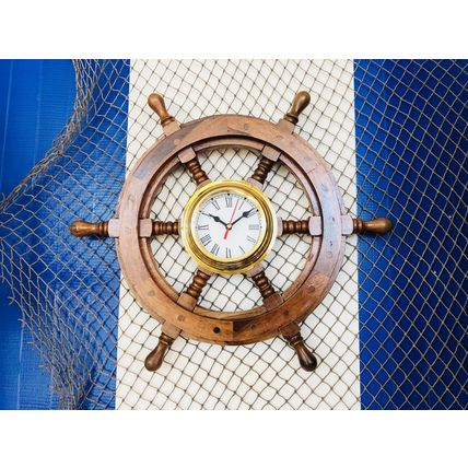 Deluxe Class Wood And Brass Ship Wheel Clock 18""
