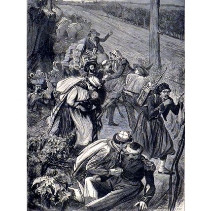 FRENCH PEASANTRY OF THE VOSGES FLYING FROM THEIR HOMES 1870 VICTORIAN ENGRAVING